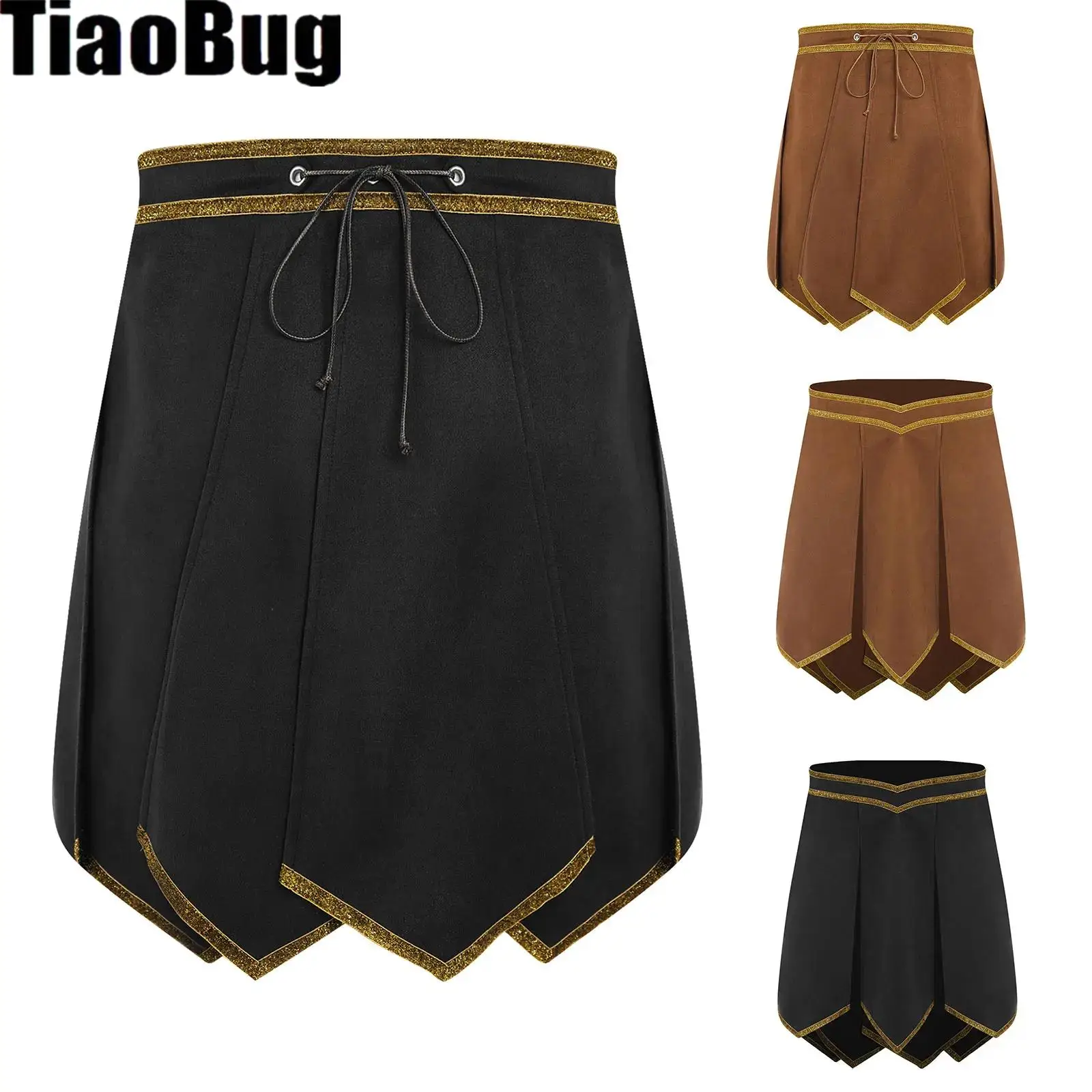 

Men Halloween Cosplay Roman Gladiator Skirt Gold Trim Faux Suede Armor Skirt Medieval Greek Warrior Knight Belt Skirt Costumes