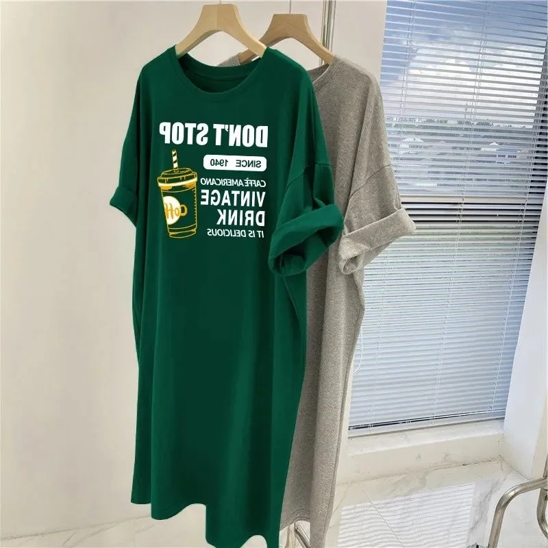 

plus Size Women's Korean Style Floral Print Loose Summer Casual Short Sleeve T-Shirt Dress Mid-Length A-Line Dress