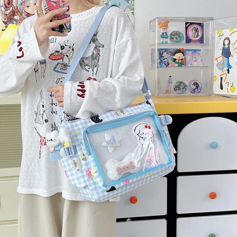 Richme Kawaii Women Ita Bags 2025 Sweet Girl Cartoon Plaid Crossbody Shoulder Bag Dopamine DIY Badge Student Commute Bolso Mujer