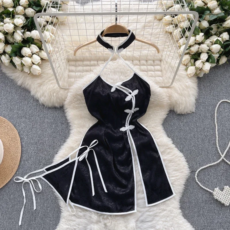 

Antique Hollow Chinese Cheongsam Dress Women's Retro Sexy Split Backless Temptation Traditional Improve Qipao Skirt Pajamas Set