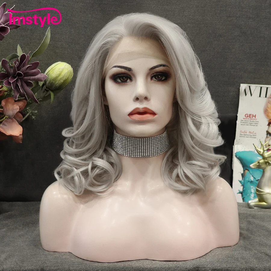 Imstyle Grey Synthetic Lace Front Wig Short Lace Fornt Wig Natural Wavy Wigs For Women Heat Resistant Fiber Cosplay Wigs