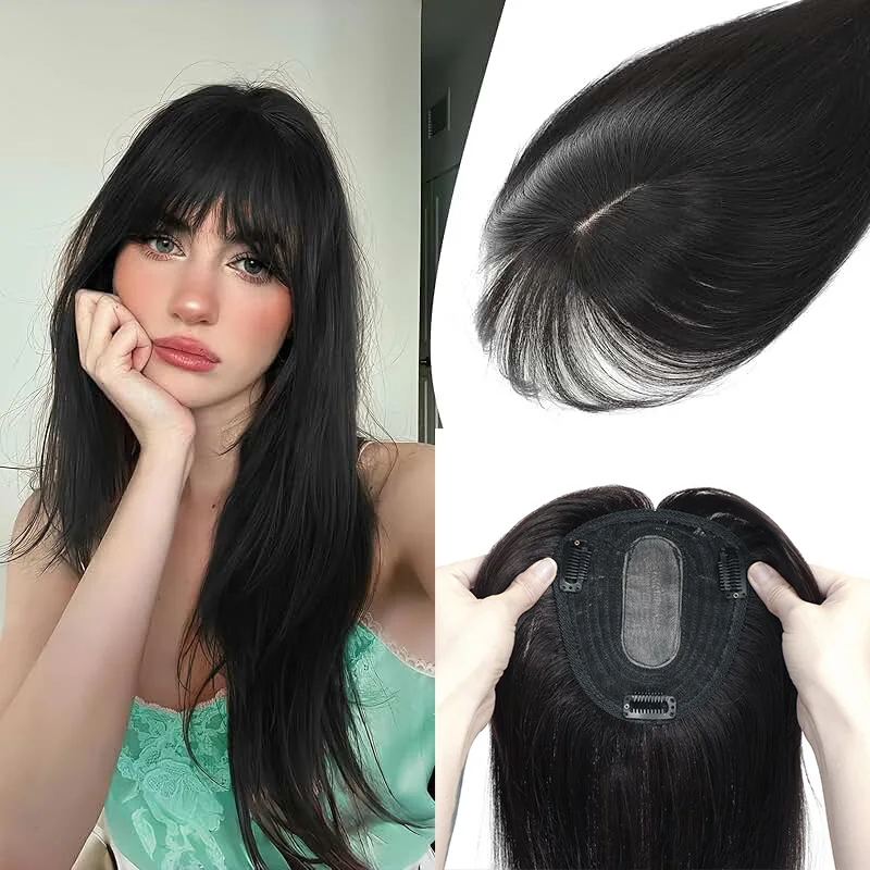 12x13cm Virgin Remy Human Hair Toppers with Bangs Black Brown Clip in Hair Toupee for Women Skin Scalp Clip in Remy Hair Pieces