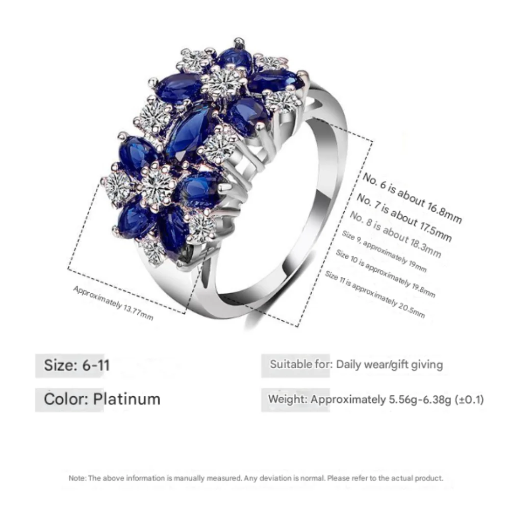 خاتم من الفضة الإسترليني عيار 925 فاخر على شكل زهرة مرصع بالياقوت الأزرق الزركون هدية للذكرى السنوية لحفلات أعياد الميلاد #6
