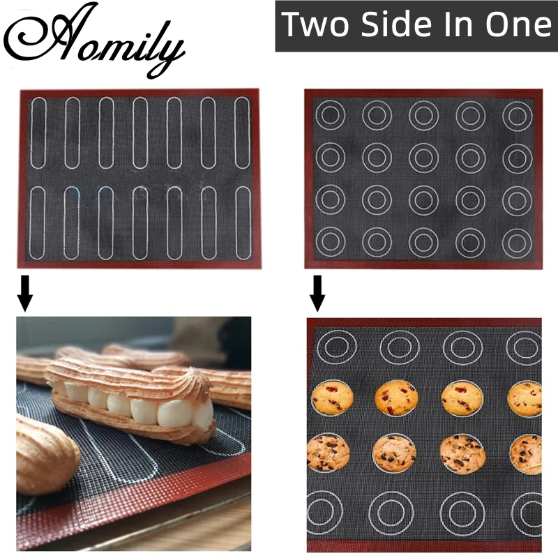 Aomily Silicone 30x40cm Two Sided In One Printing Macaroon Puff Baking Mat Non Stick Pastry Oven Cake Perforated Sheet Liner Mat