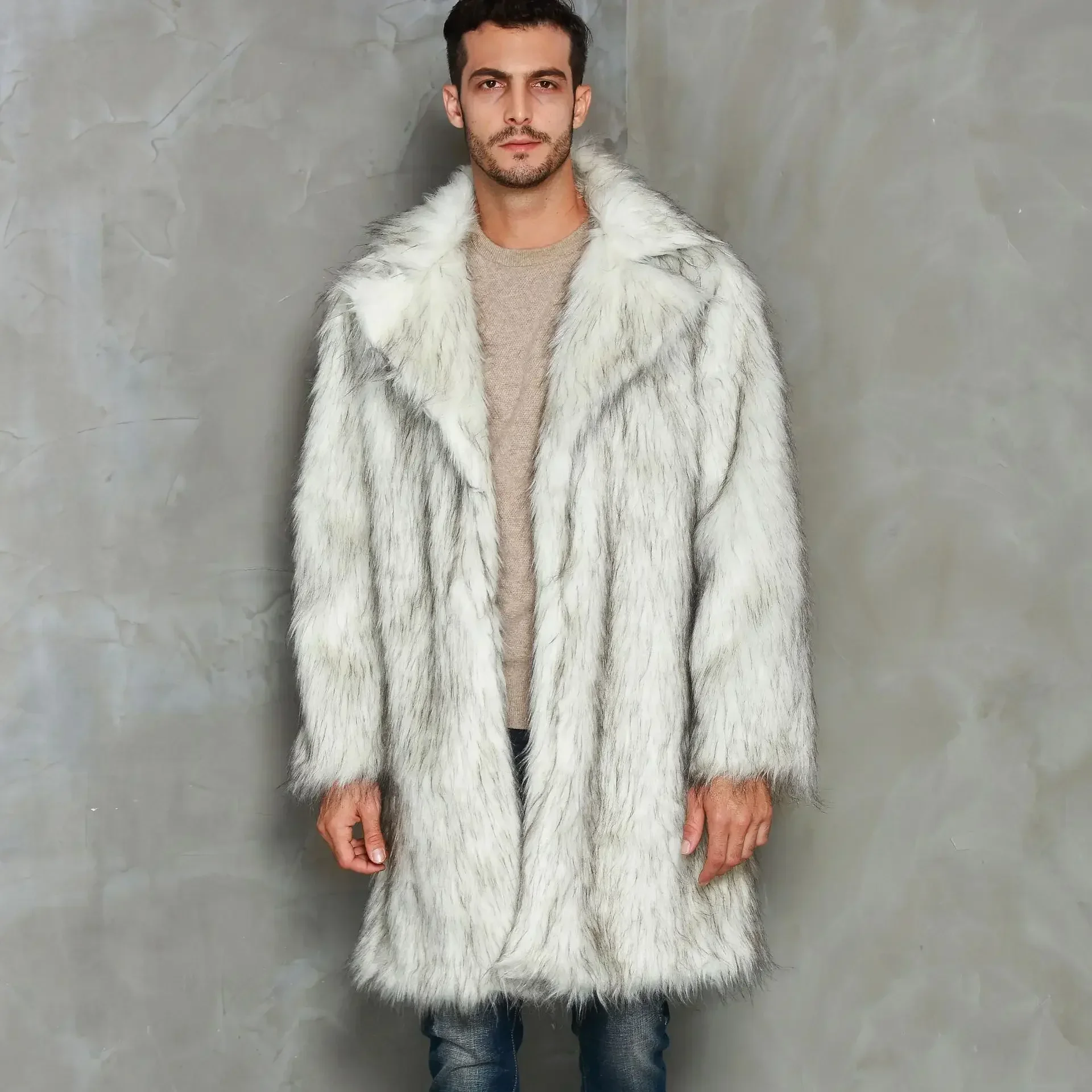 

Men's Coat Warm Faux Fur Loose Autumn Winter Brown Long Coats Turn Down Collar Sleeve Men High Waist Maxi Elegant Jacket