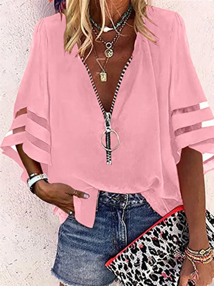 

2024 Summer Shirt Sexy Lace Patchwork Flared Sleeve Mesh Solid Blouse Women Zipper V-Neck Loose Casual Tops T-Shirt Streetwear