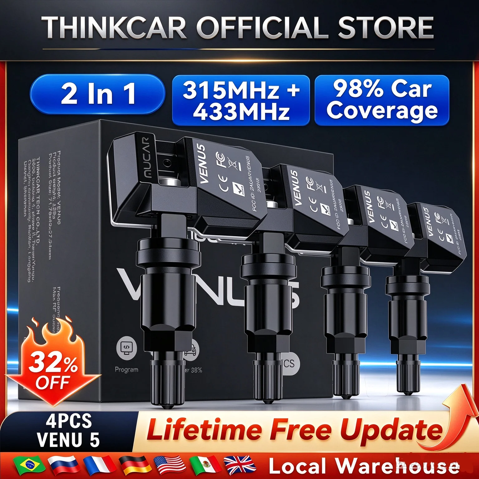 2026 Sensor MUCAR VENU5 4 PCS TPMS  Stem 2 in 1 315MHz & 433MHz Programmable Universal Tire Pressure Monitoring System Sensor