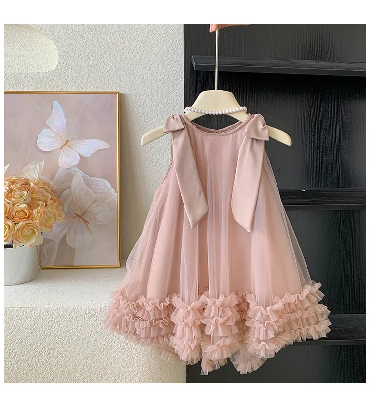 Kid Gir Autumn Bow Shaped Straps Fashion Layered Ruffled Hem Cute Children Skirt Summer Casual Wearl Solid Color Tulle Dress