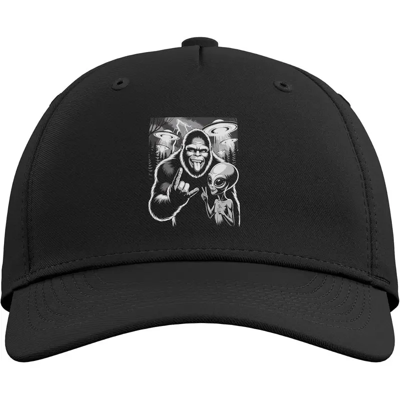 Funny Bigfoot & Alien Sasquatch Rock On Hand Sign UFO Selfie Adjustable Baseball Hat