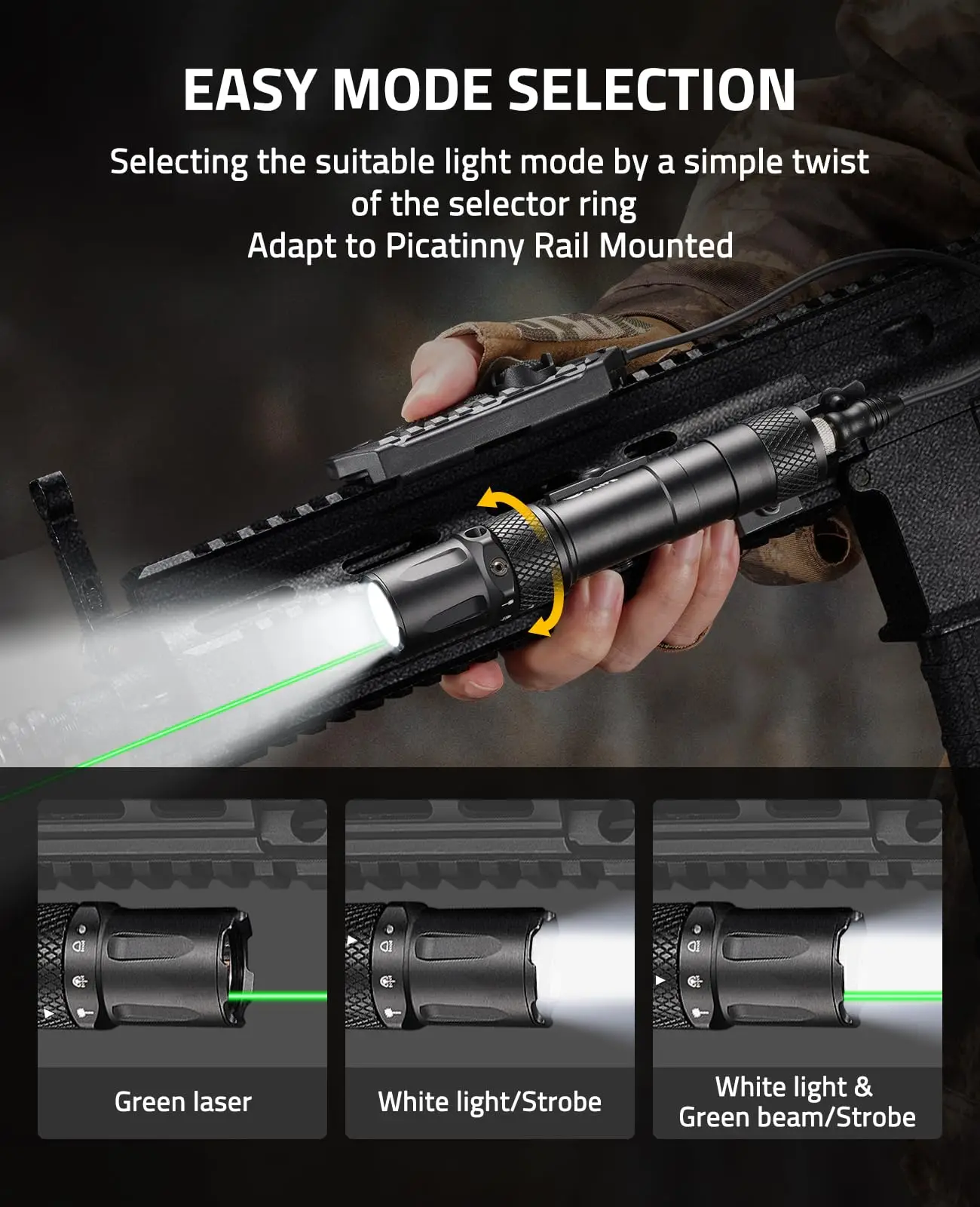 1900 Lumens Picatinny Laser Light Combo Rechargeable Flashlight For Rifle Tactical with Green Pressure Remote Switch Included