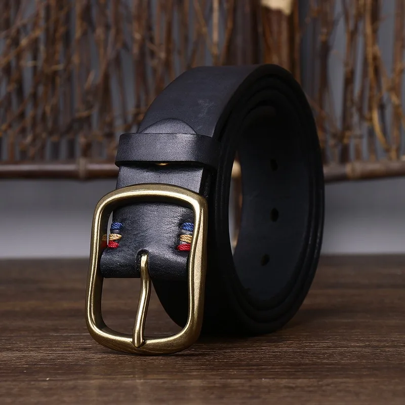 3.8CM wide thickened top layer pure cowhide copper buckle genuine leather belt men's retro versatile jeans belt
