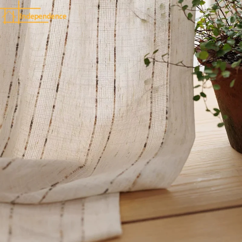 French Cream Stripe Woven Linen Jacquard Thickened Window Curtains for Living Room Bedroom Balcony French Window Customized