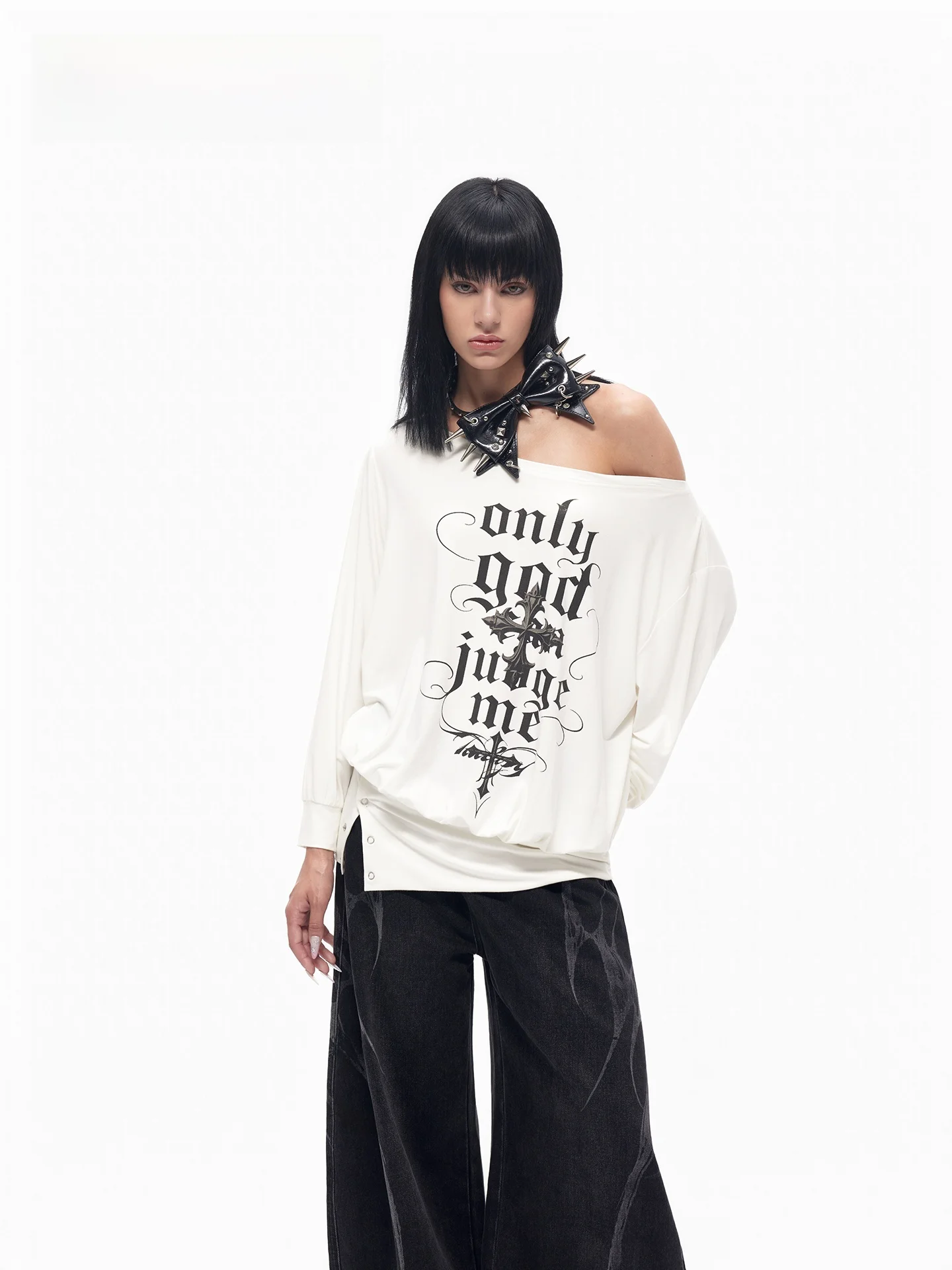 TooLazy Crossbody Long Sleeve T-Shirt Women's Shoulder Bared Creative Letter Print High Waist Loose Fit Polyester Spandex