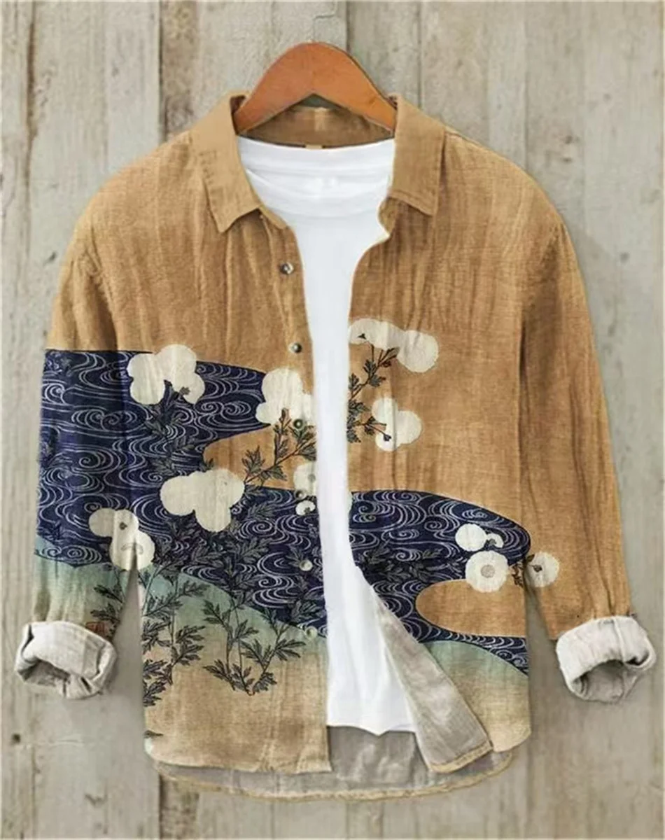 Men's long-sleeved shirt linen shirt retro print a group of small fish shirt casual loose high-quality men's clothing