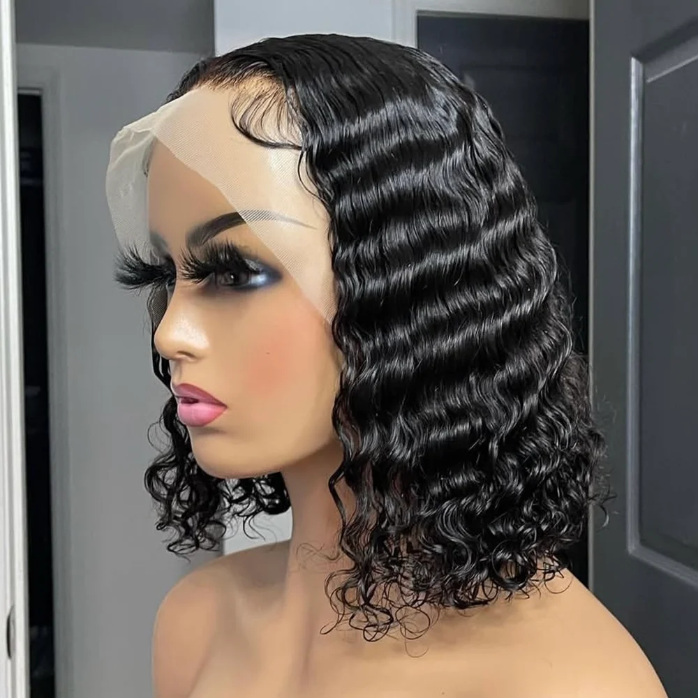 

Deep Water Wave Bob 13x4 Lace Front Wigs 250% Density Wet and Wavy Short Bob Curly Wigs 100% Virgin Human Hair Natural Black