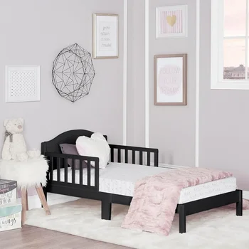 Cama para niños pequeños en negro, certificación Greenguard Gold, certificación JPMA, diseño bajo hasta el suelo, acabado no tóxico, rieles de seguridad