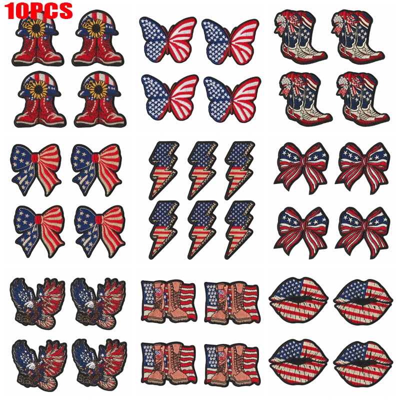 10PCS United States 250th Anniversary Embroidery Patches American Flag Eagle Bow Elements Patch Iron On Patches Uniform Hats DIY