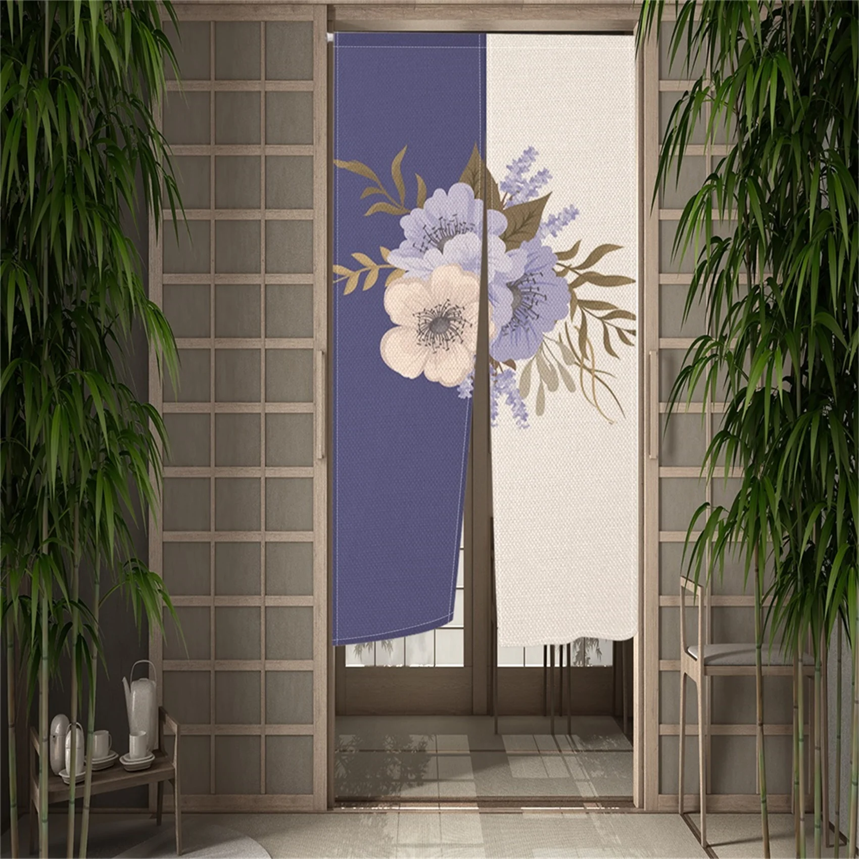 Japanese Door Curtain Traditional Geometric Floral Pattern Linen Noren for Home Tea Room Restaurant Minimalist Partition Curtain