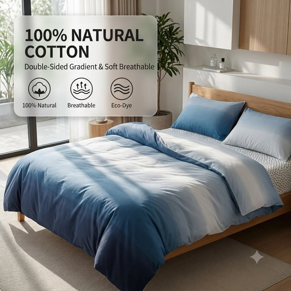 High Quality 100% Cotton Bedding Set Premium Gradient Duvet Cover Flat Sheet Fitted Sheet Set Durable Washable