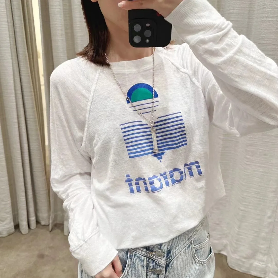 Marant Loose Women Raglan Long Sleeve Tee Sunset Striped Print Crew Neck Thin Shirt Breathable Casual Daily Basic Tops
