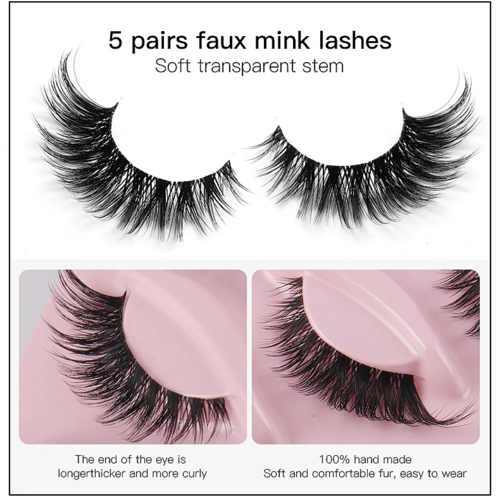 5Pairs Fluffy Soft Fox Eye Eyelashes New Faux Mink Long Faux Cils Natural Mink Fake Lashes Women