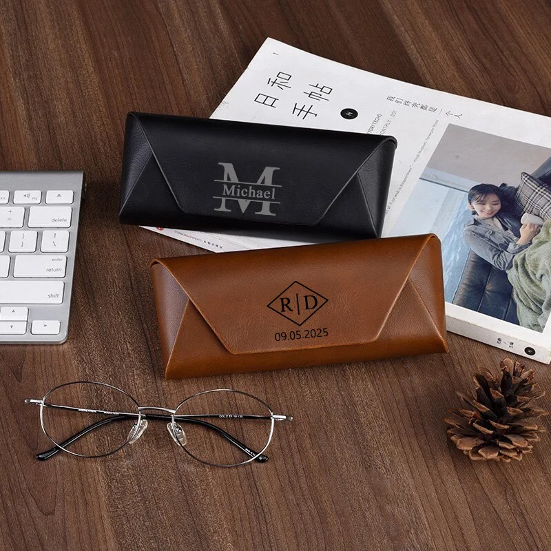 Personalised engraved leather glasses case, customised name sunglasses case, foldable PU leather glasses case with custom text