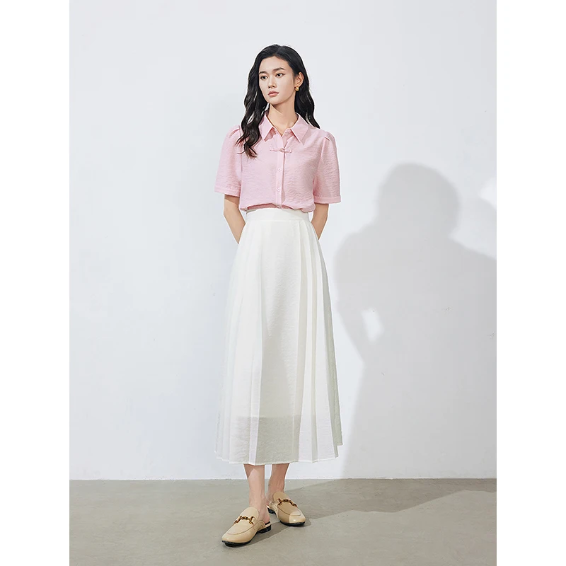 TOYOUTH Women Skirt 2024 Summer New Chinese Style Jacquard Pleated Beige Mid Length A-line Umbrella Skirt