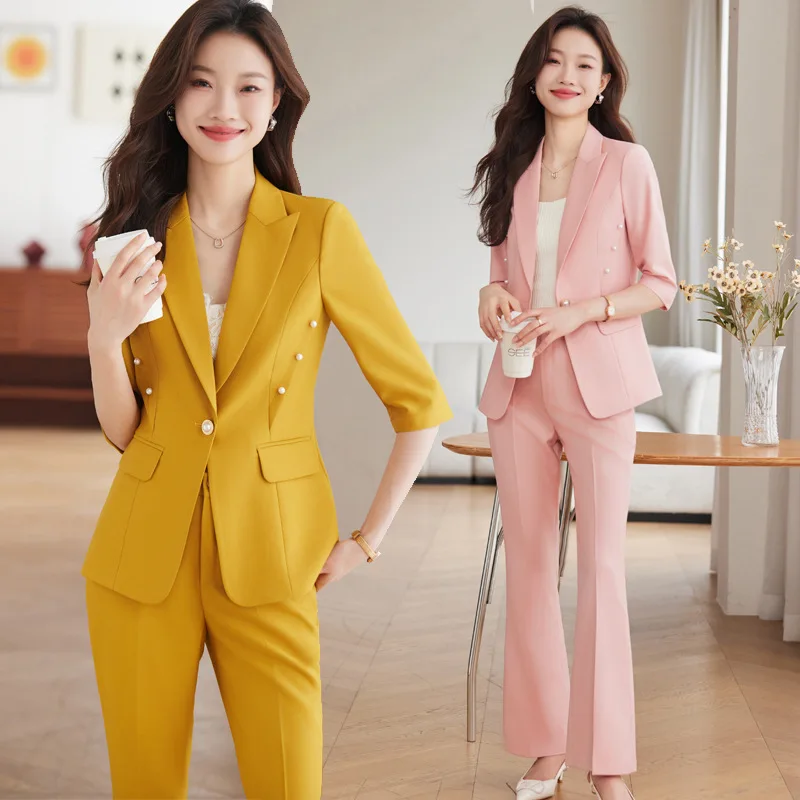 Pink Blazer for Women Business Suit2024Spring Festival New Fashion High Sense 3/4 Sleeve Suit Work Clothes