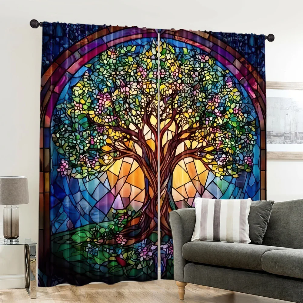VIKAMA 2-Piece Colourful Glass Tree of Life Curtains Living Room, Bedroom, Kitchen Pocket-Style Blackout Curtains Home Decor