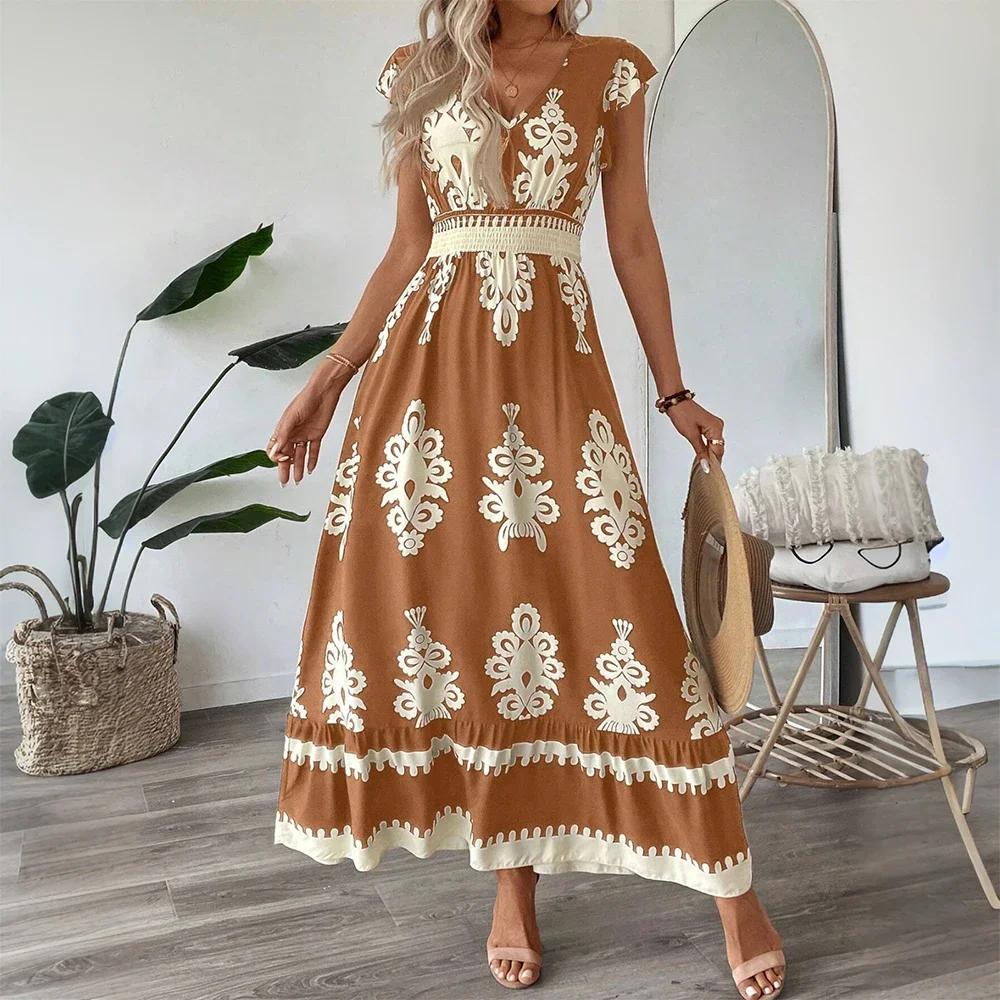 レディースボヘミアン花柄プリント V ネックフリルフライングスリーブスケーターマキシドレス夏の女性の休暇ホリデービーチサンドレスサイズ S-XL