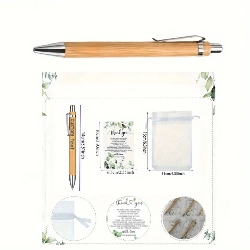 25 Sets Customizable Bamboo Engraved Ballpoint Pens with White Bags Wedding Cards for Unique Wedding Favors Bridal Party Supplie
