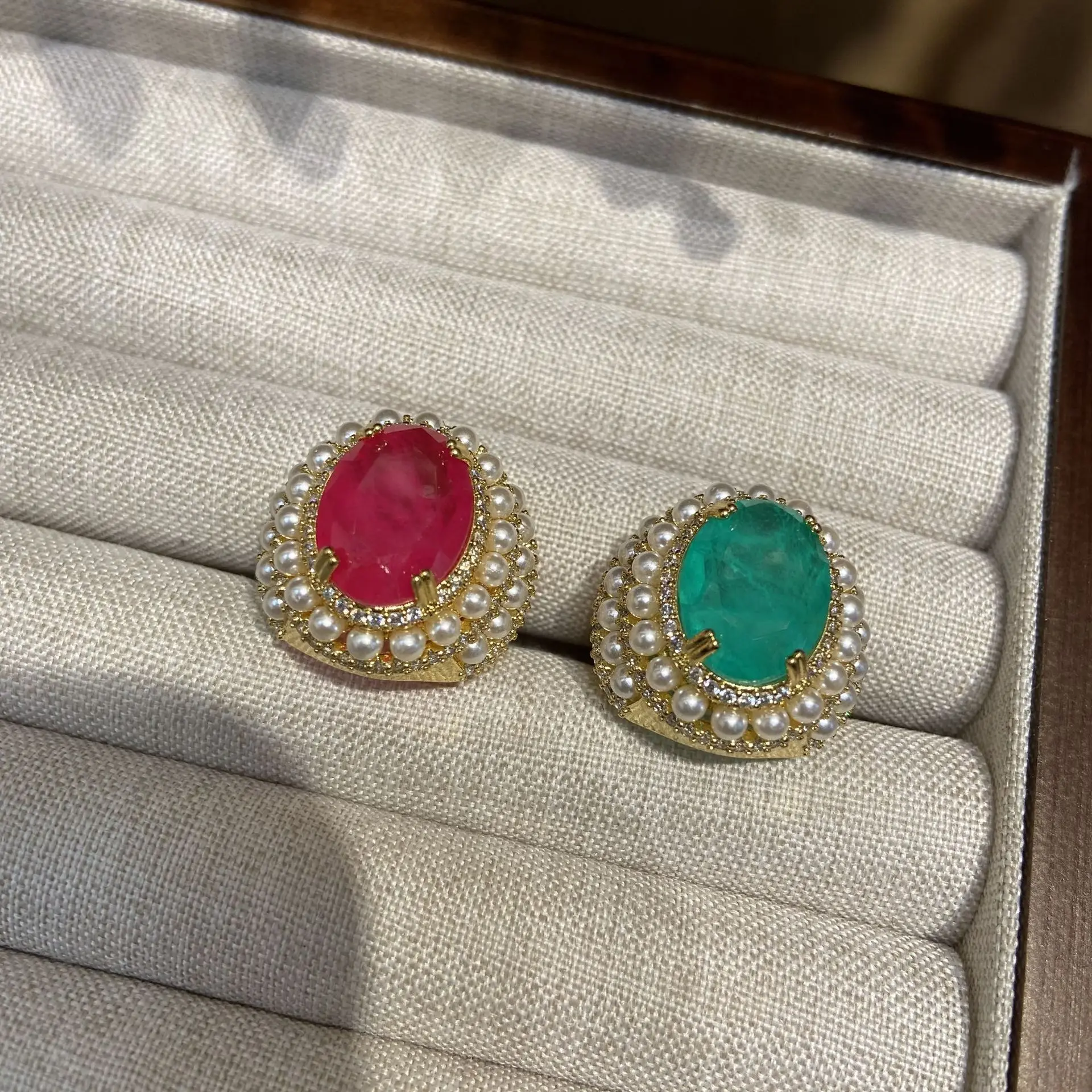 fashion ring for women fushia green artificial gemstone mini pearls jewelry