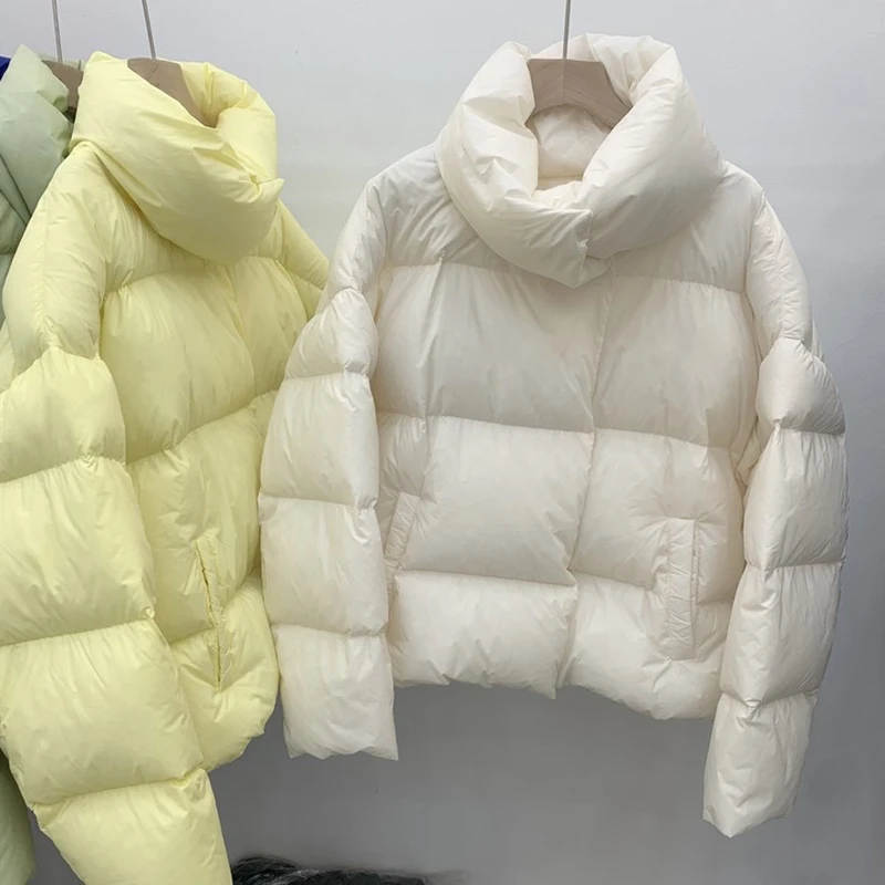 2023 Winter Stand Collar Warm White Goose Down Jacket Women's Solid Color Pocket Zipper Coat Loose Casual Fashion Female Coat