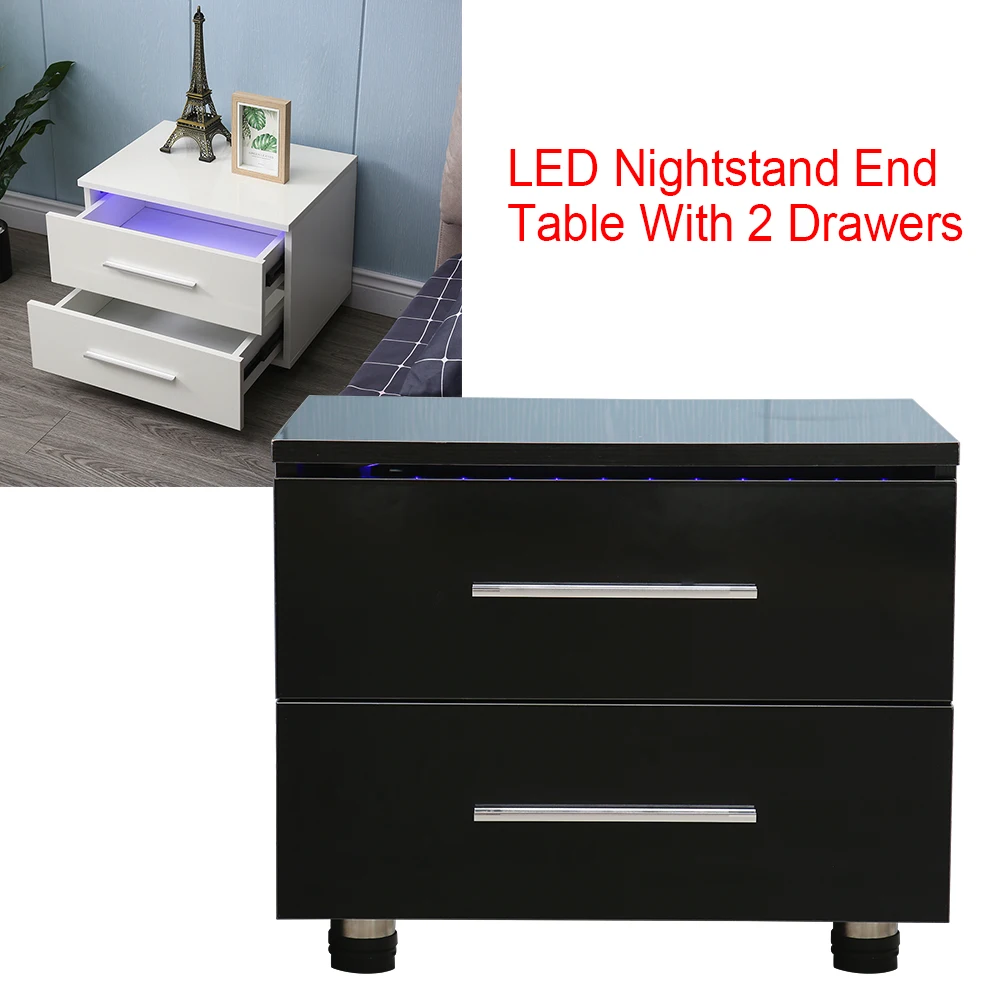 Modern High Gloss LED Lights Nightstand Bedside End Table With 2 Drawers