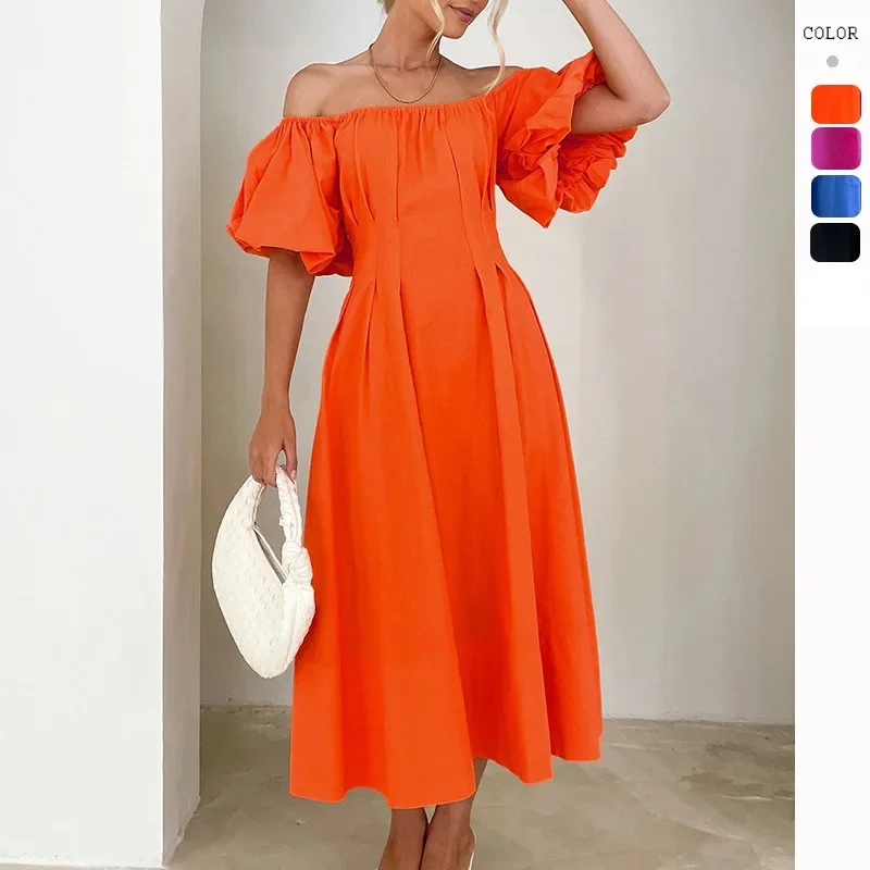 Solid Color Short Sleeve Fold Wasit Dress European American Women One-word Collar Dresses Bubble Sleeves High-waisted Long Skirt