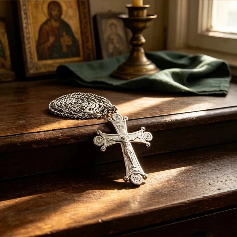 New Byzantine Orthodox Silver Crucifix Pendant Necklace Stainless Steel Jesus Christ Relief Golgotha