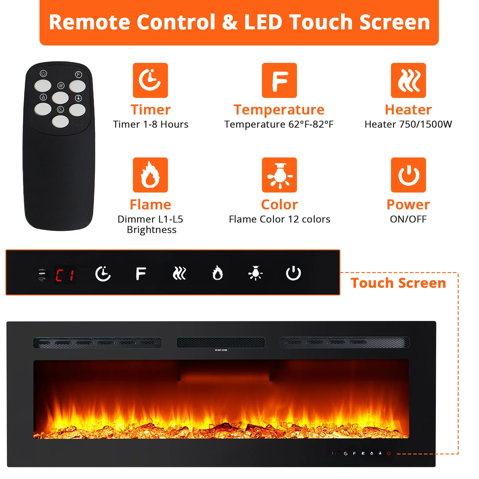 50" Electric Fireplace in-Wall Recessed and Wall Mounted with Remote Controls 12 Realistic 3D Flame Colors, 750/1500 W Heater