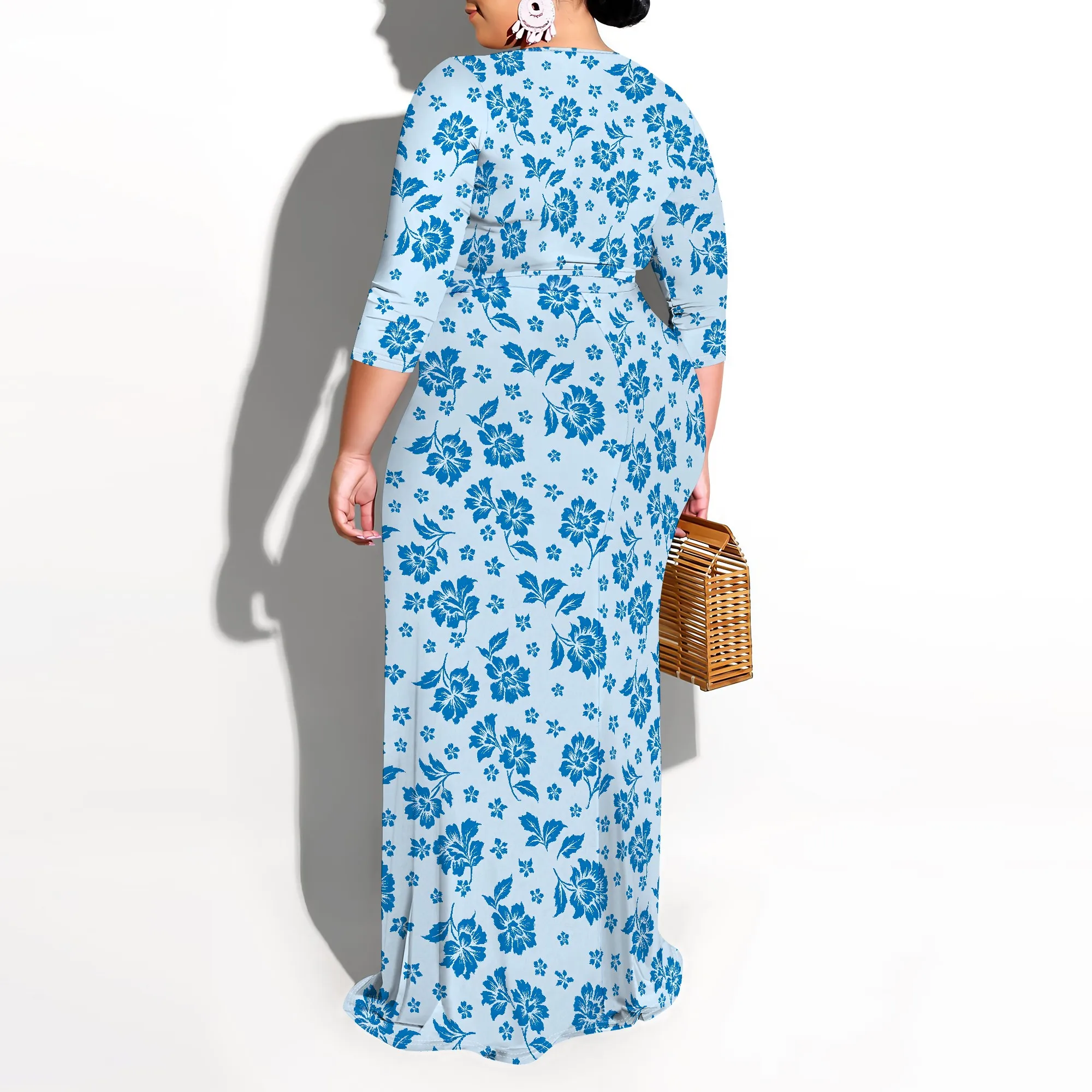 Floral Dress for Women Summer Casual V-Neck 3/4 Sleeve Wrap Tunic with Belt Sundress Flowy Long Maxi Dresses