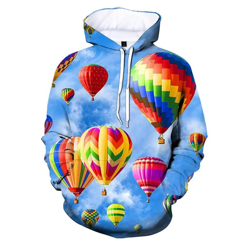 Colorful 3D Print Hot Air Balloon Hoodie Men Fashion Casual Hooded Pullovers Long Sleeves Sweatshirt Street Top Coat Clothes