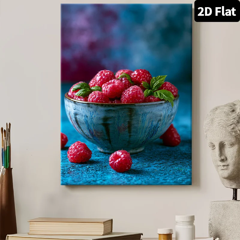 (No frame)2D Flat, 1pc 2D Flat Poster Canvas Art Christmas Party Decoration Banner Framed Art Print Fresh Raspberries in a Ce