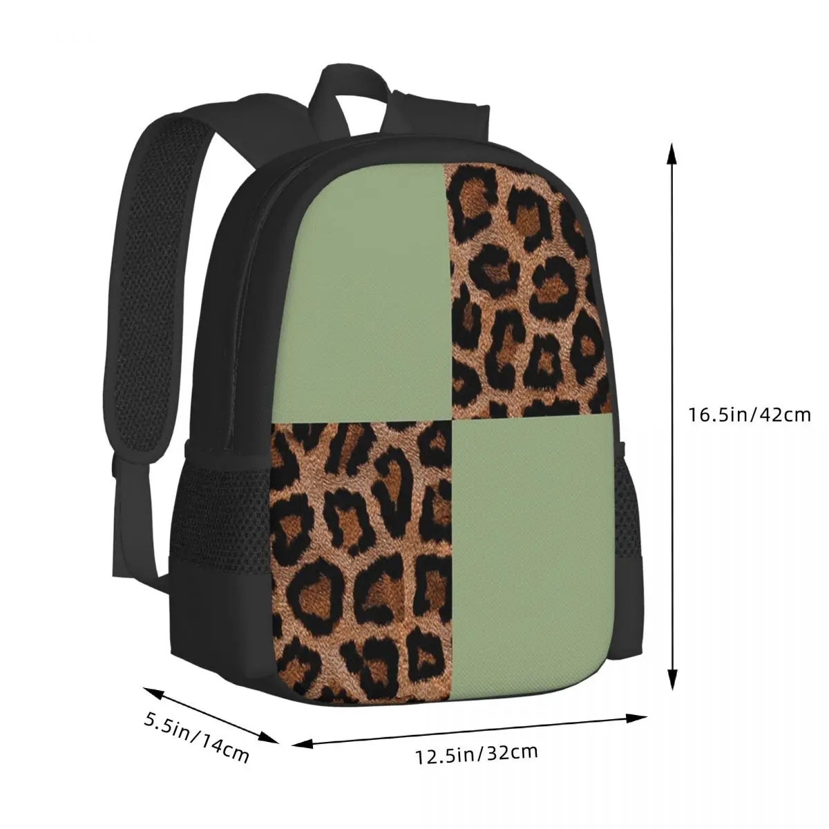Squares Leopard Print And Sage Green Backpack School Bag Hiking Travel Daypack for Men Women Fashion Bookbag Shoulder Bags