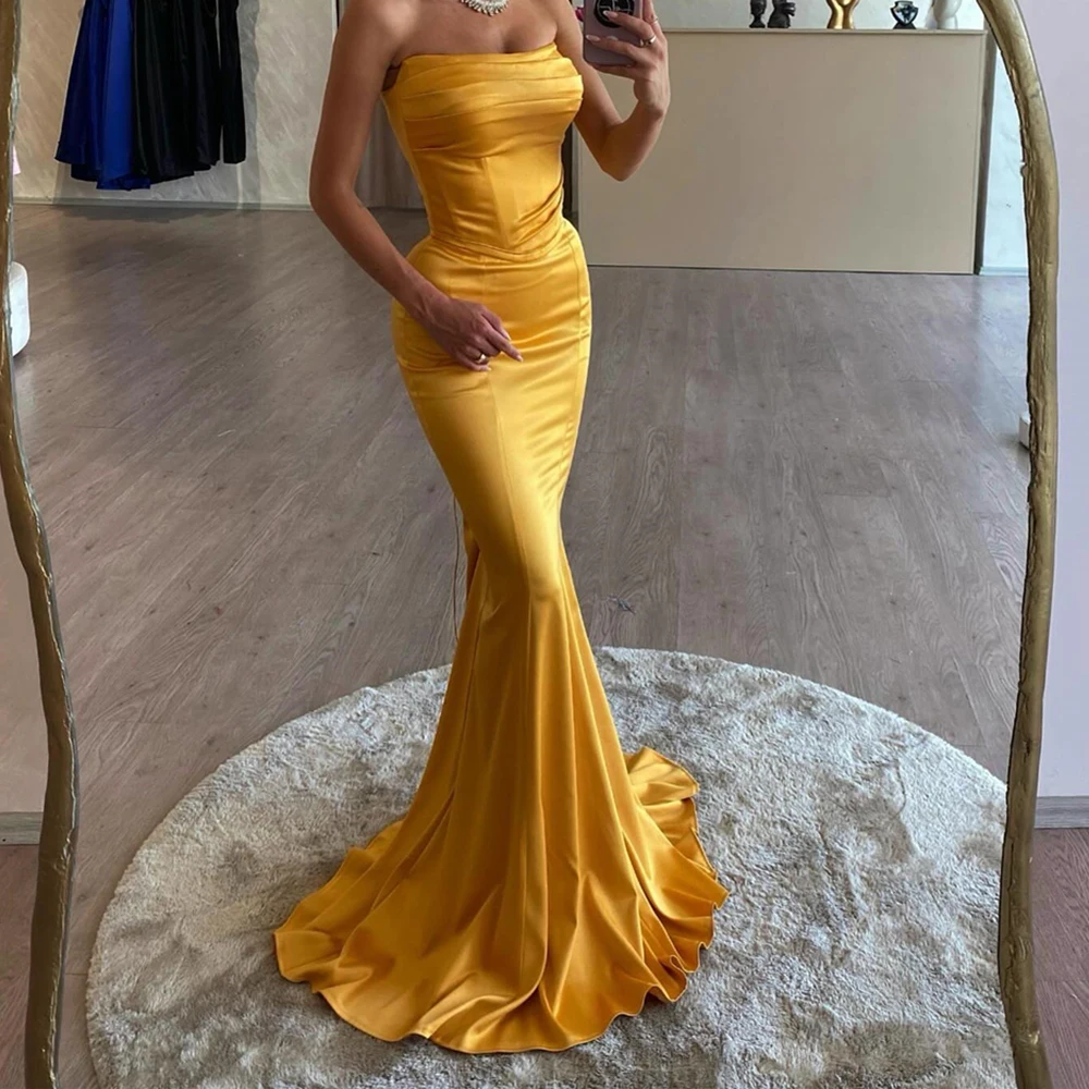 

Customized Sexy Satin Mermaid Evening Dress High Quality Floor Length Strapless Sleeveless vestidos para mujer