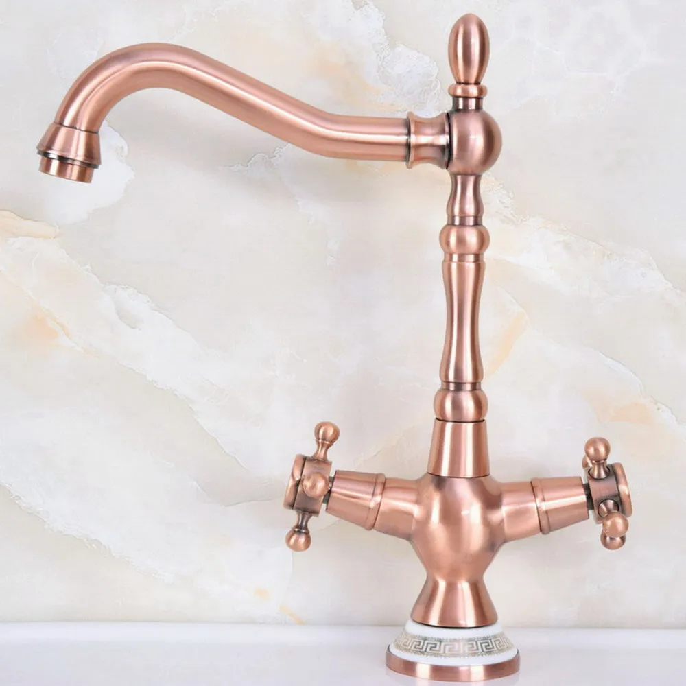 Basin Faucets Antique Red Copper Double Cross Handle Bathroom Sink Faucet Swivel Spout Bathbasin Vanity Mixer Taps  lnf621