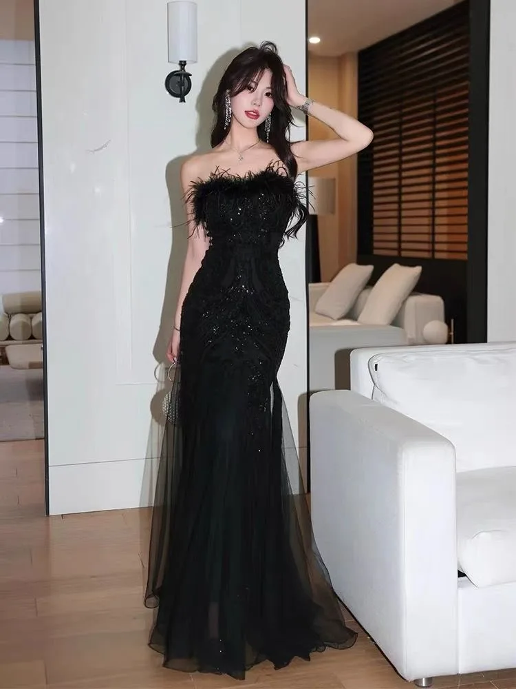 Slimming evening dress 158 for women 2024 new black high-end luxury niche high-end adult ceremony art examinee day dress