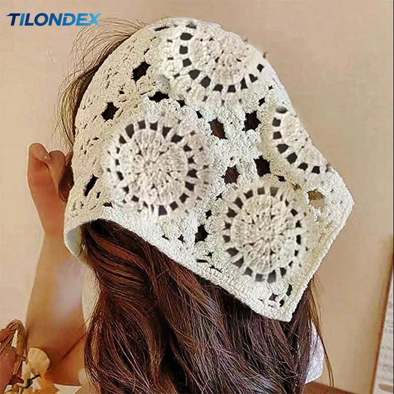 TILONDEX Women's Hand Crochet Floral Triangle Scarf Boho Lace Adjustable Hair Band Tie Back Kerchief for Holiday Beach