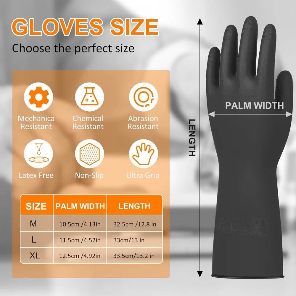 10 Pairs Heavy Duty Rubber Gloves, Chemical Resistant, Textured Palm, Large, Black