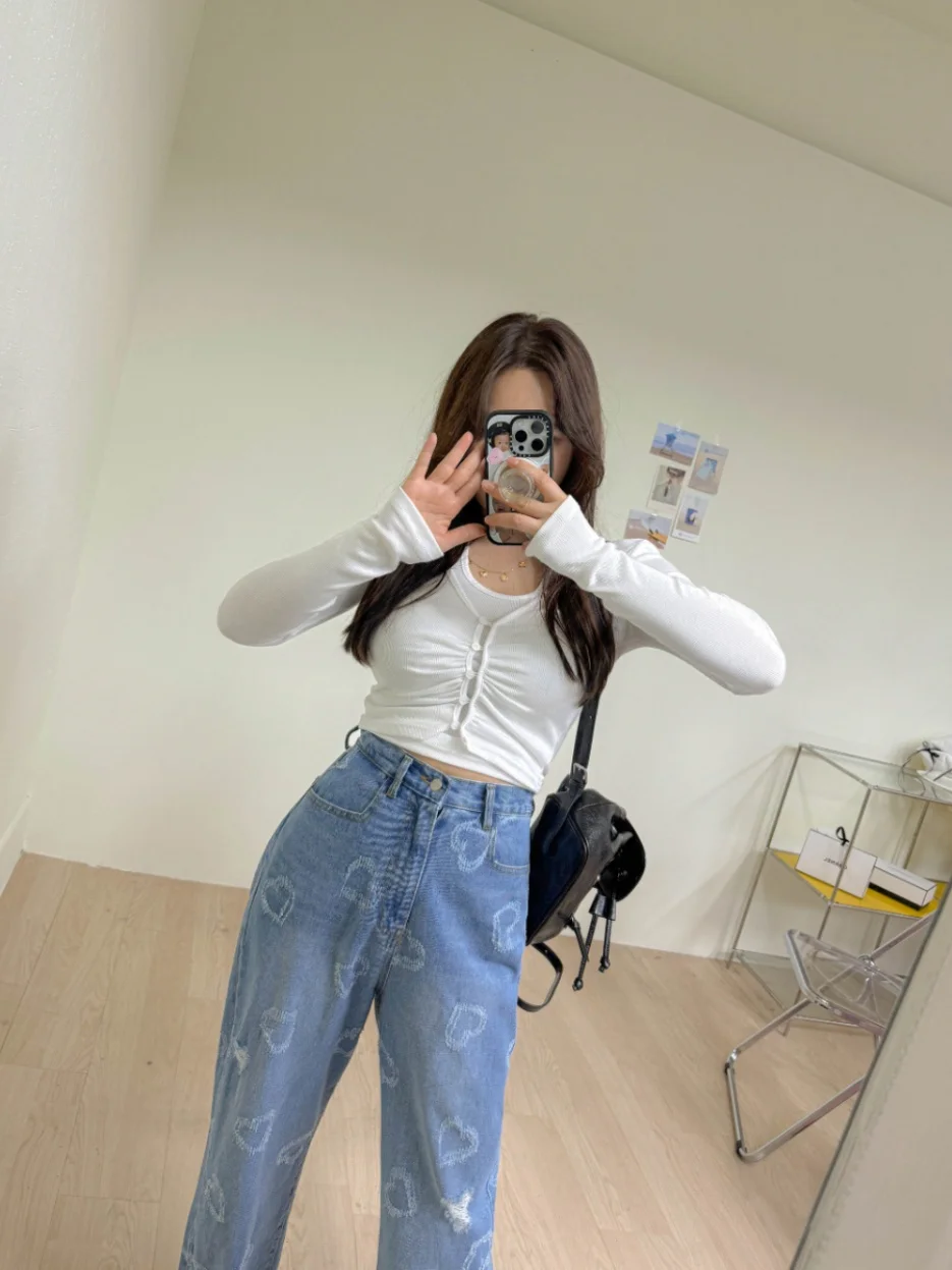 Vintage hoge taille opstaande kraag hart aped denim jeans dames faionable cool veelzijdige wijde pijpen broek zomer 2024