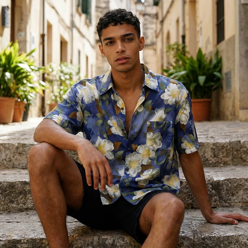 

Мужская винтажная синяя рубашка с цветочным принтом, летняя, с коротким рукавом, в гавайском стиле, для пляжа и отдыха, свободного кроя, уличная одежда в стиле Харадзюку, унисекс, размеры S-XL