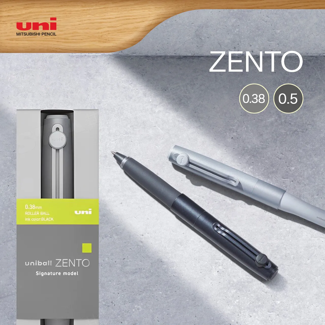 Oryginalny długopis Uni Uniball ZENTO Signature Model, 0.38/0.5, matowy metalowy korpus, obrotowy klips, do podpisów w biurze. — zdjęcie produktu 4