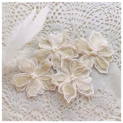 Flower Lace Applique 10pcs Ivory Beige Beaded Organza Embroidery Floral Patches for Dress Sweater Clothes 6cm 2.36